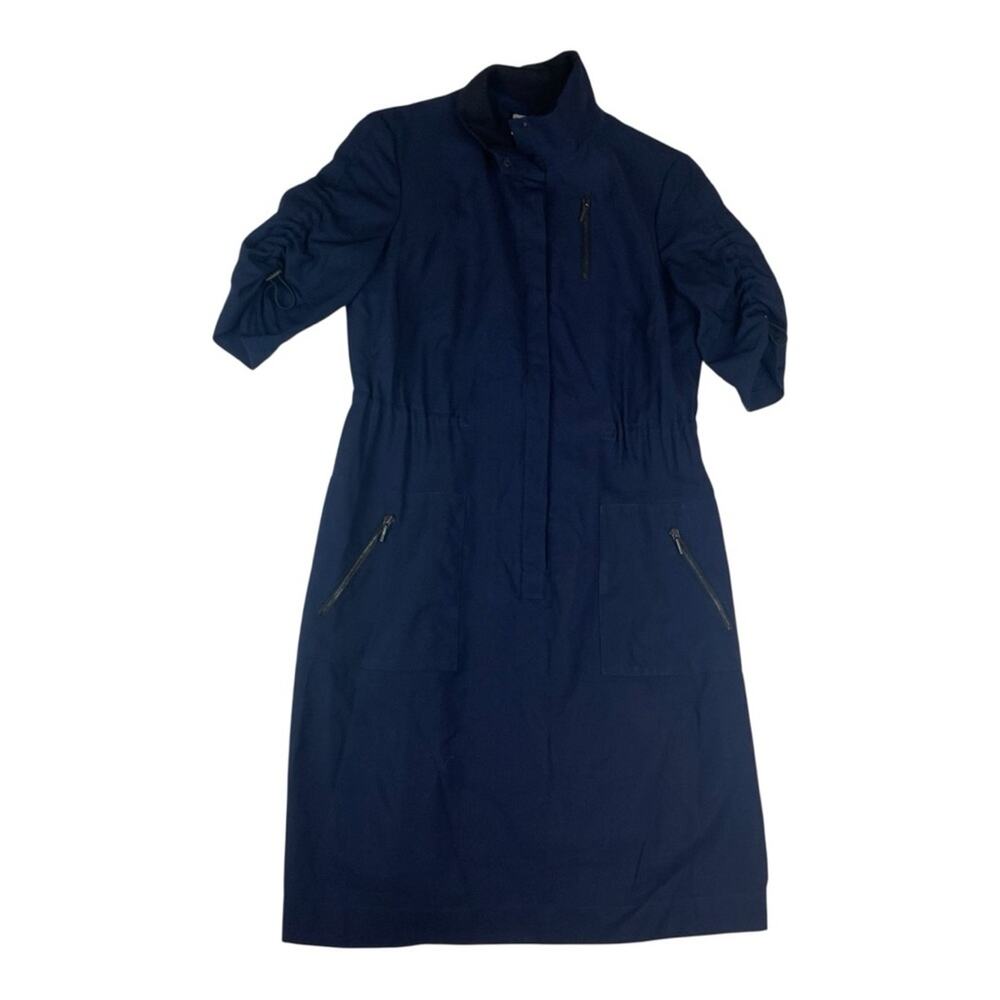Akris Punto women's size 10 m Navy Wool Blend dress button front cinch waist